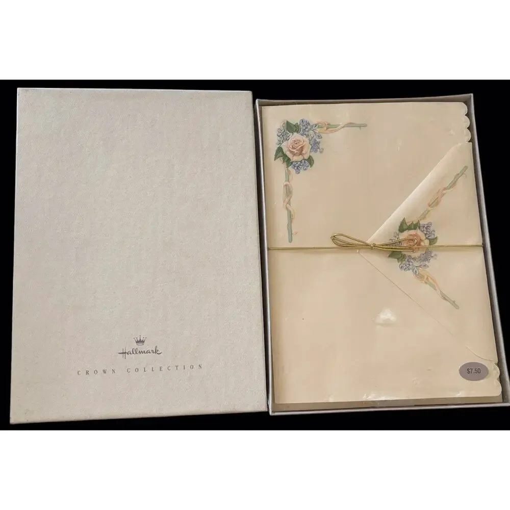 Hallmark Crown Rose Stationary Set-16 Decorated + 16 Plain Sheets w/ Envelopes